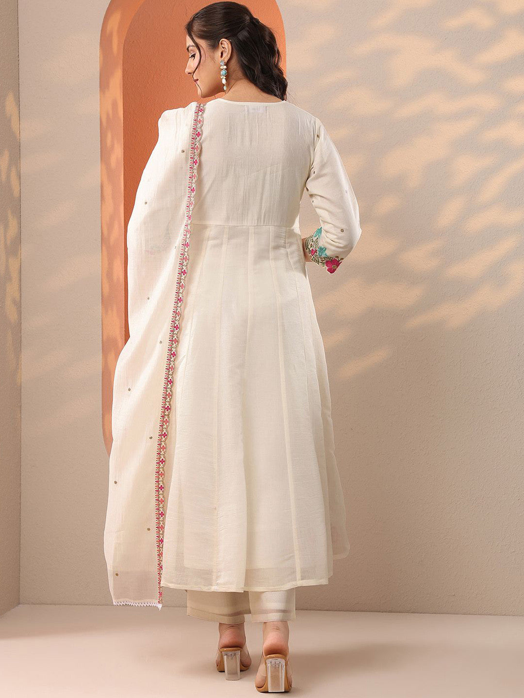 Floral Embroidered Anarkali Thread Work Kurta With Trousers & Dupatta