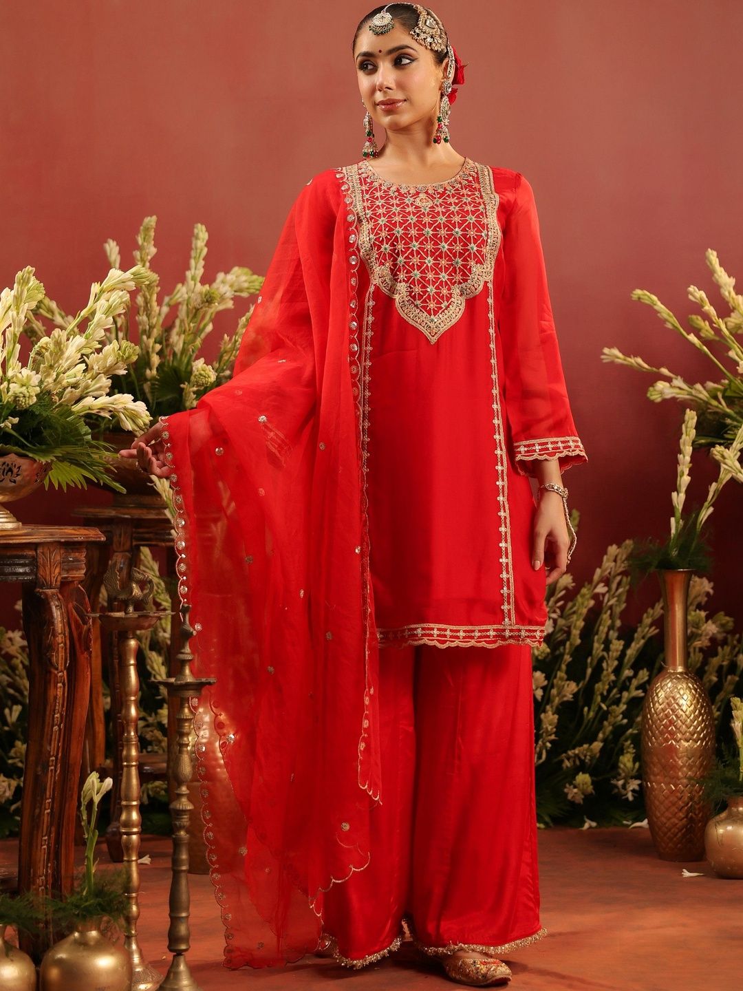 Dhiyona SC Floral Embroidered Round Neck Thread Work Organza Silk Kurta With Palazzo & Dupatta