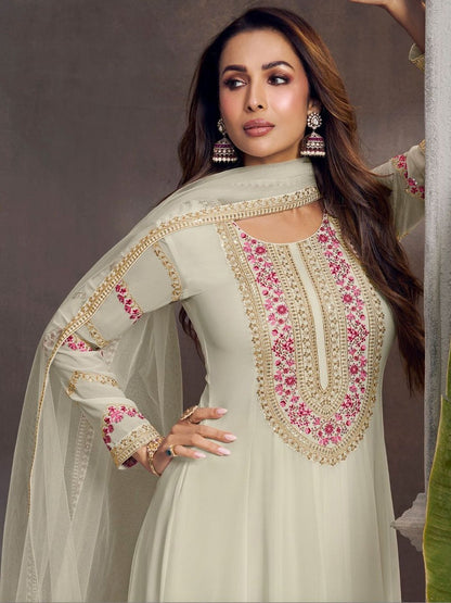 Dhiyona IN Women Ethnic Motifs Embroidered Panelled Thread Work Kurta with Palazzos & With Dupatta