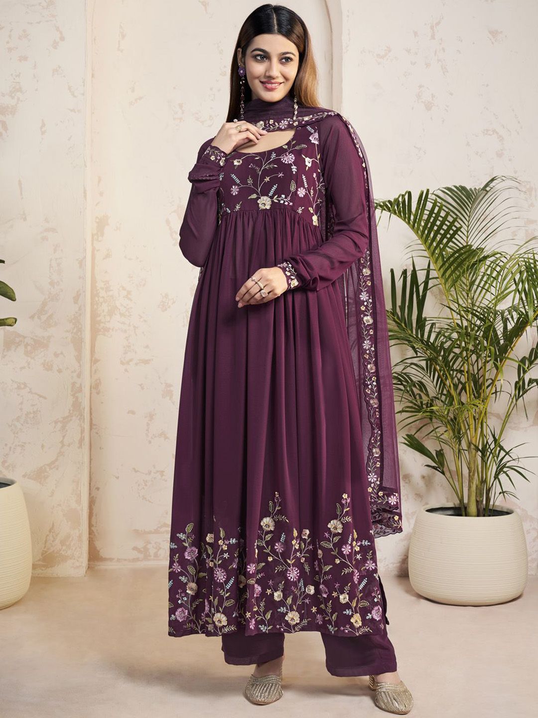 Dhiyona IN Floral Embroidered Thread Work Georgette A-Line Kurta With Palazzos And Dupatta