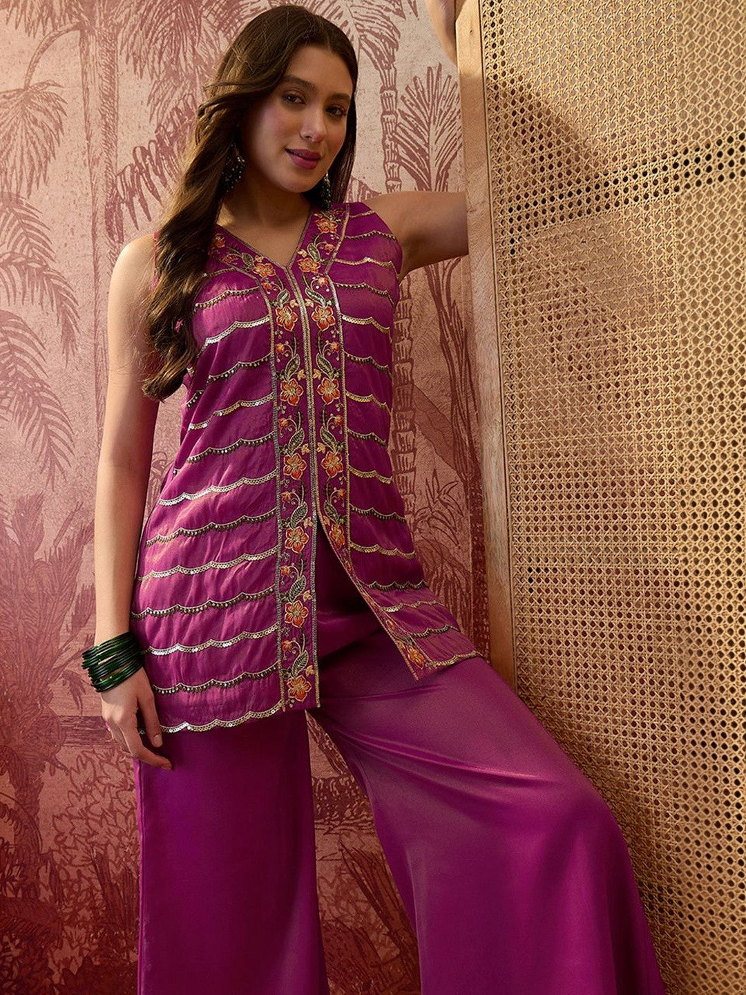 Embroidered V-Neck Kurta & Palazzos Kurta Sets