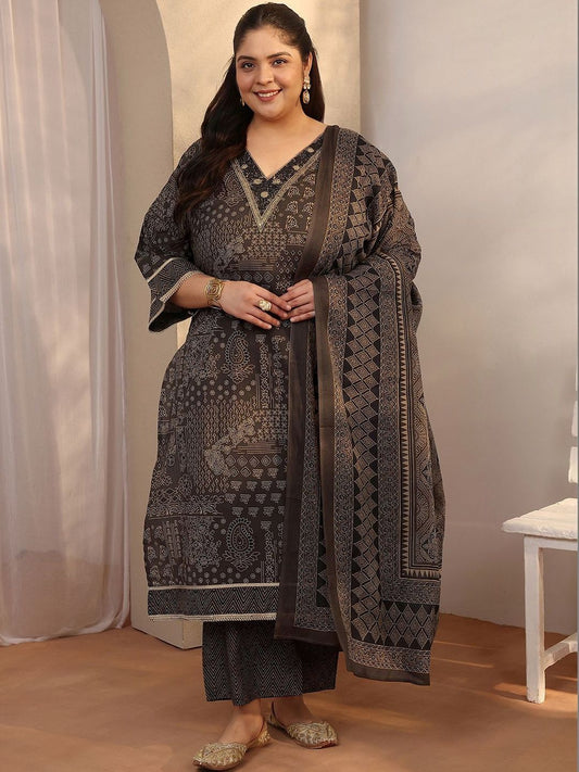 Dhiyona Women's Plus Size Ethnic Motifs Printed Kurta with Trousers & Dupatta