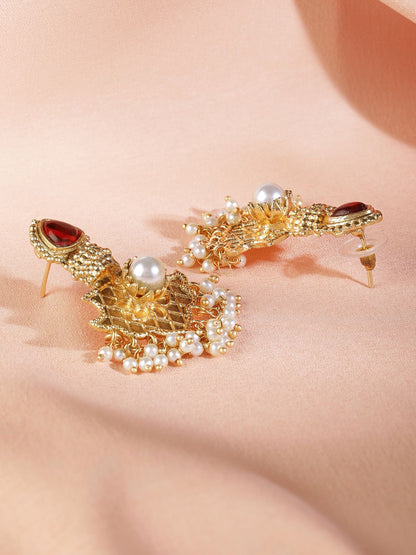 Dhiyona RJ Women's 22K Gold Plated Ruby & Pearl Studded & Beaded Handcrafted Traditional Chandbali