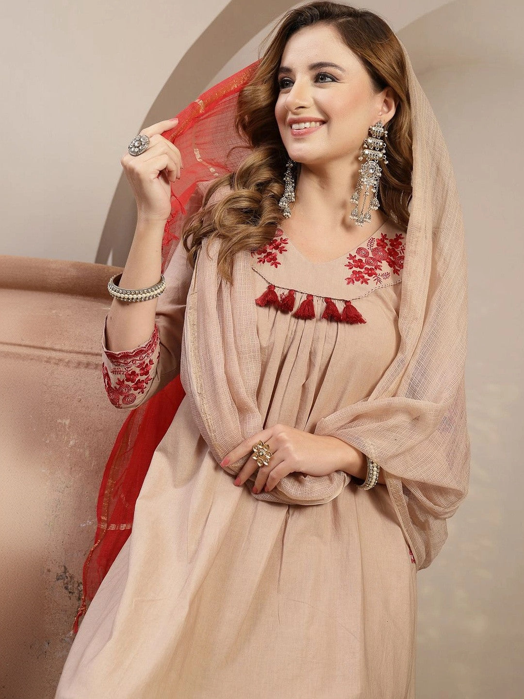 Women Embroidered Regular Sequinned Kurta with Palazzos & With Dupatta