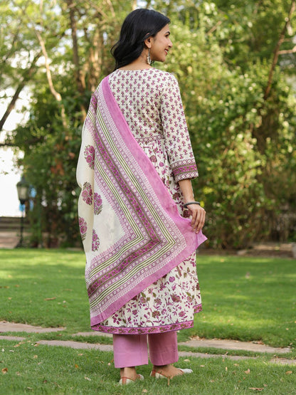 Dhiyona RR Women's Ethnic Motifs Printed Pure Cotton Kurta with Trousers & Dupatta