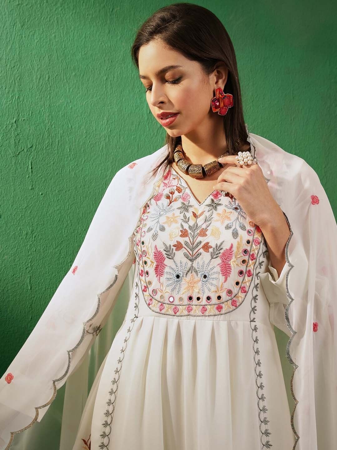 Dhiyona KL Floral Embroidered Mirror Work V-Neck Georgette Kurta With Palazzos And Dupatta