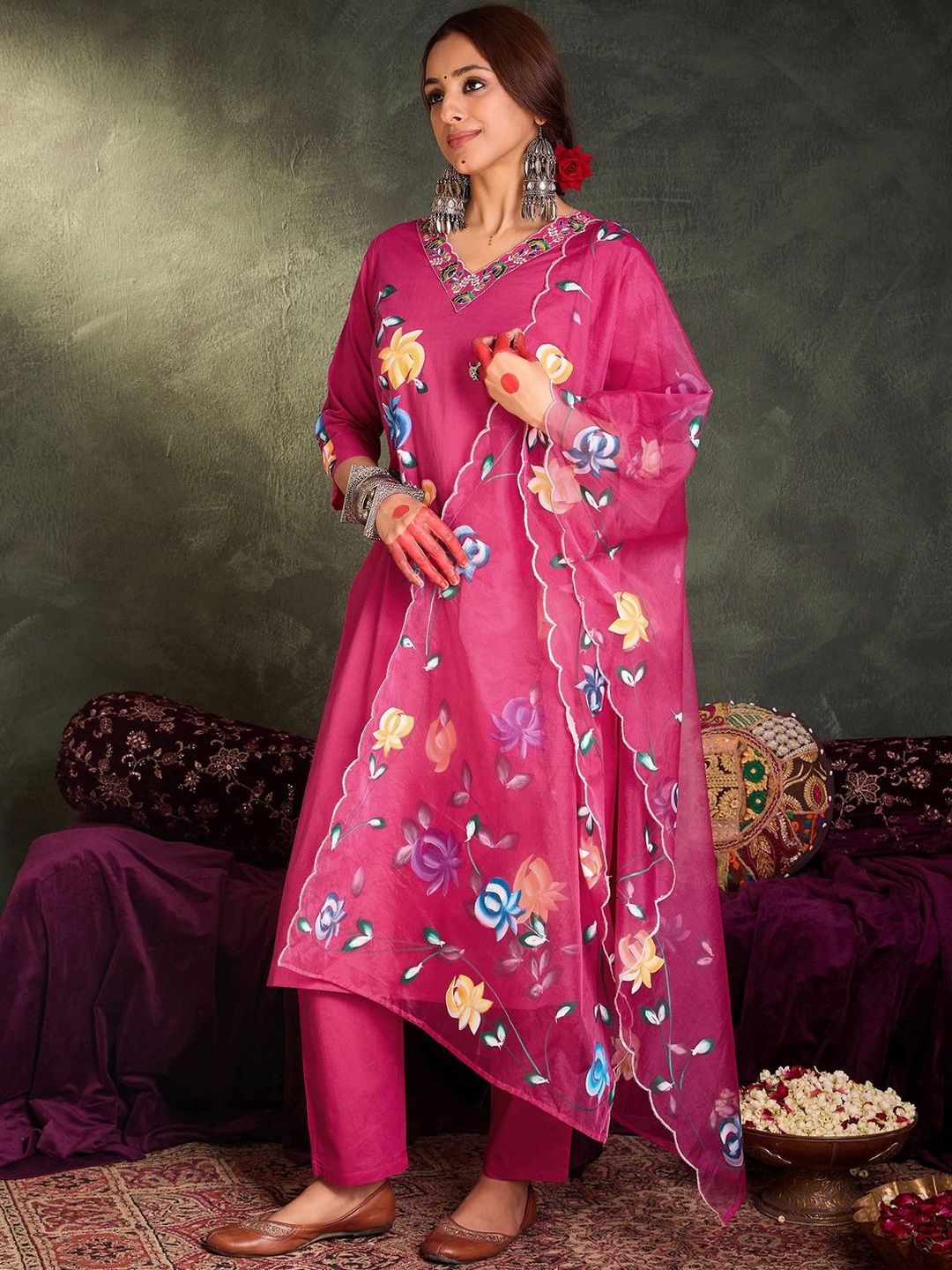 Women Floral Printed Cotton A-Line Kurta with Trousers & Dupatta