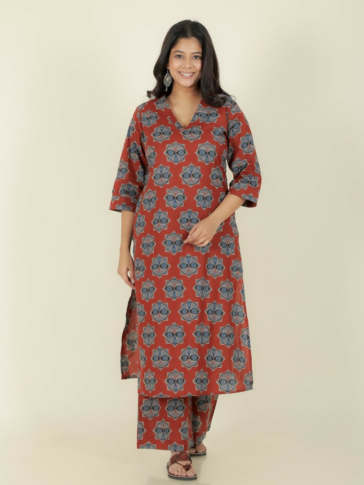 Women's Red Soft Cotton Ajrakh Straight Kurta for Women
