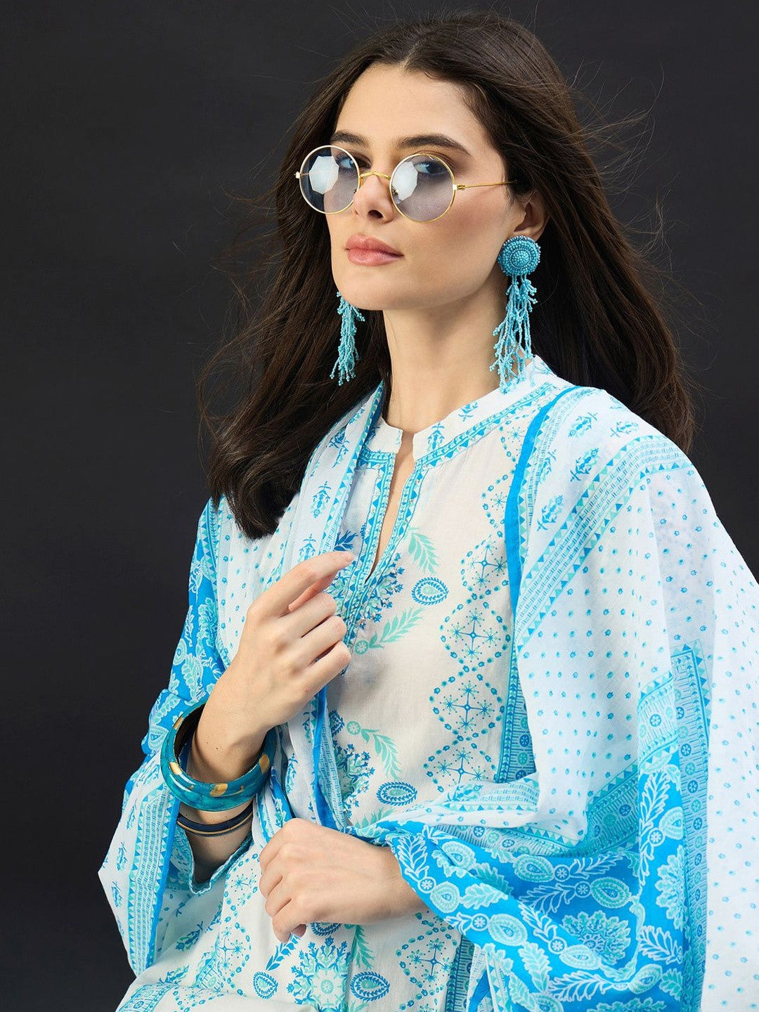 Women Ethnic Motifs Printed Regular Pure Cotton Kurta with Trousers & With Dupatta