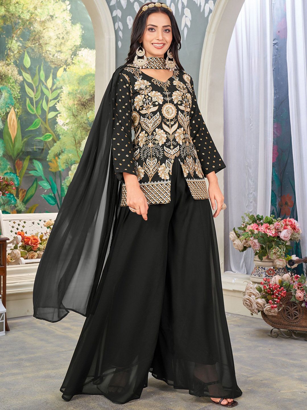 Dhiyona KL Alina Cut Floral Embroidered Sequinned Georgette Straight Kurta With Palazzos & Dupatta