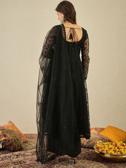 Dhiyona IN Women Ethnic Motifs Embroidered Tiered Sequinned Kurta with Palazzos & With Dupatta