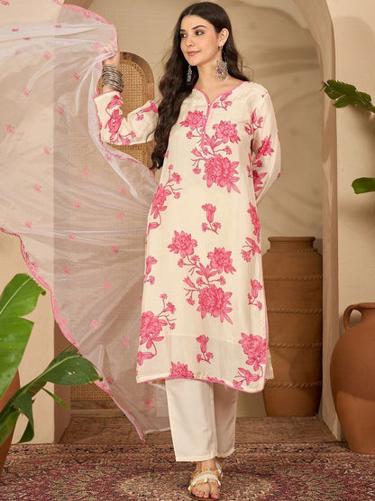 Women Floral Printed Regular Kurta With Trousers & With Dupatta