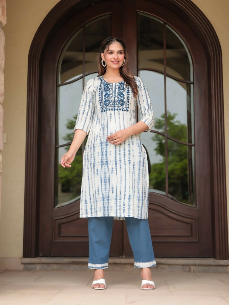 Women's Straight Soft Cotton Tie-Dye Print Women's Kurta Set - Blue