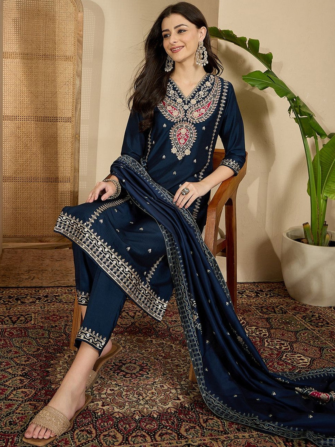 Dhiyona SN Embroidered V- Neck Straight Kurta & Trousers With Dupatta