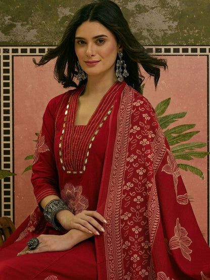 Women's Red Solid Embroidered Cotton A-line Kurta Pant Dupatta Set