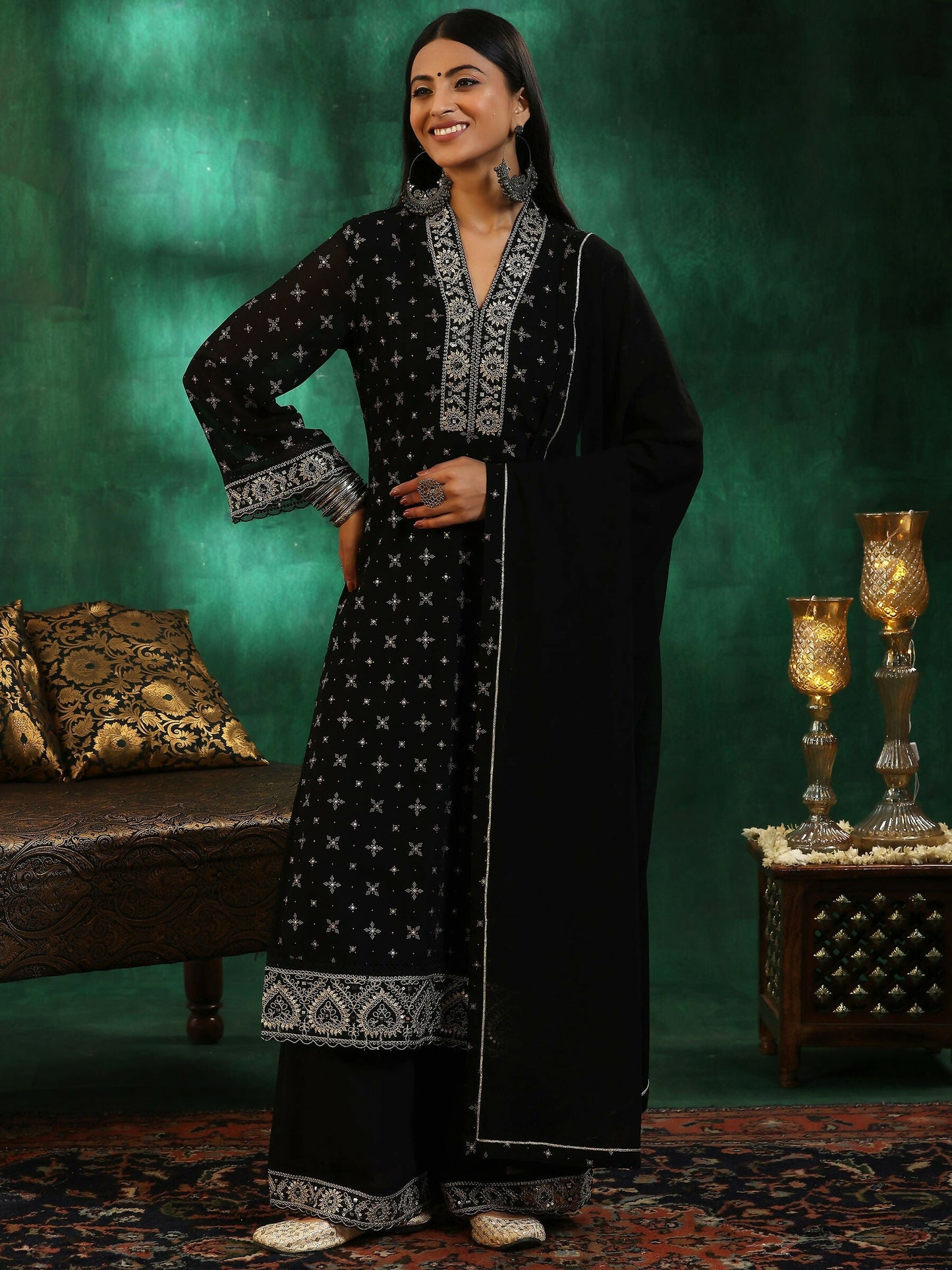 Women's LB Black Printed Georgette Straight Suit With Dupatta