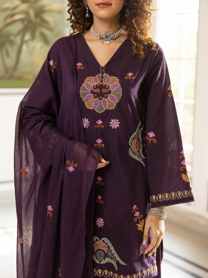 Embroidered Pure Cotton V-Neck Kurta & Palazzos With Dupatta