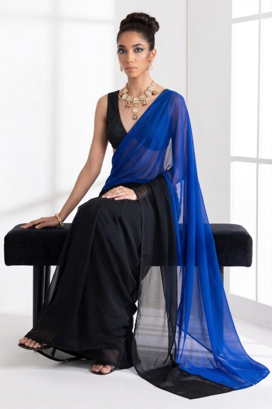 Dhiyona ST Black and Blue Georgette Triangle Saree with Blouse Fabric