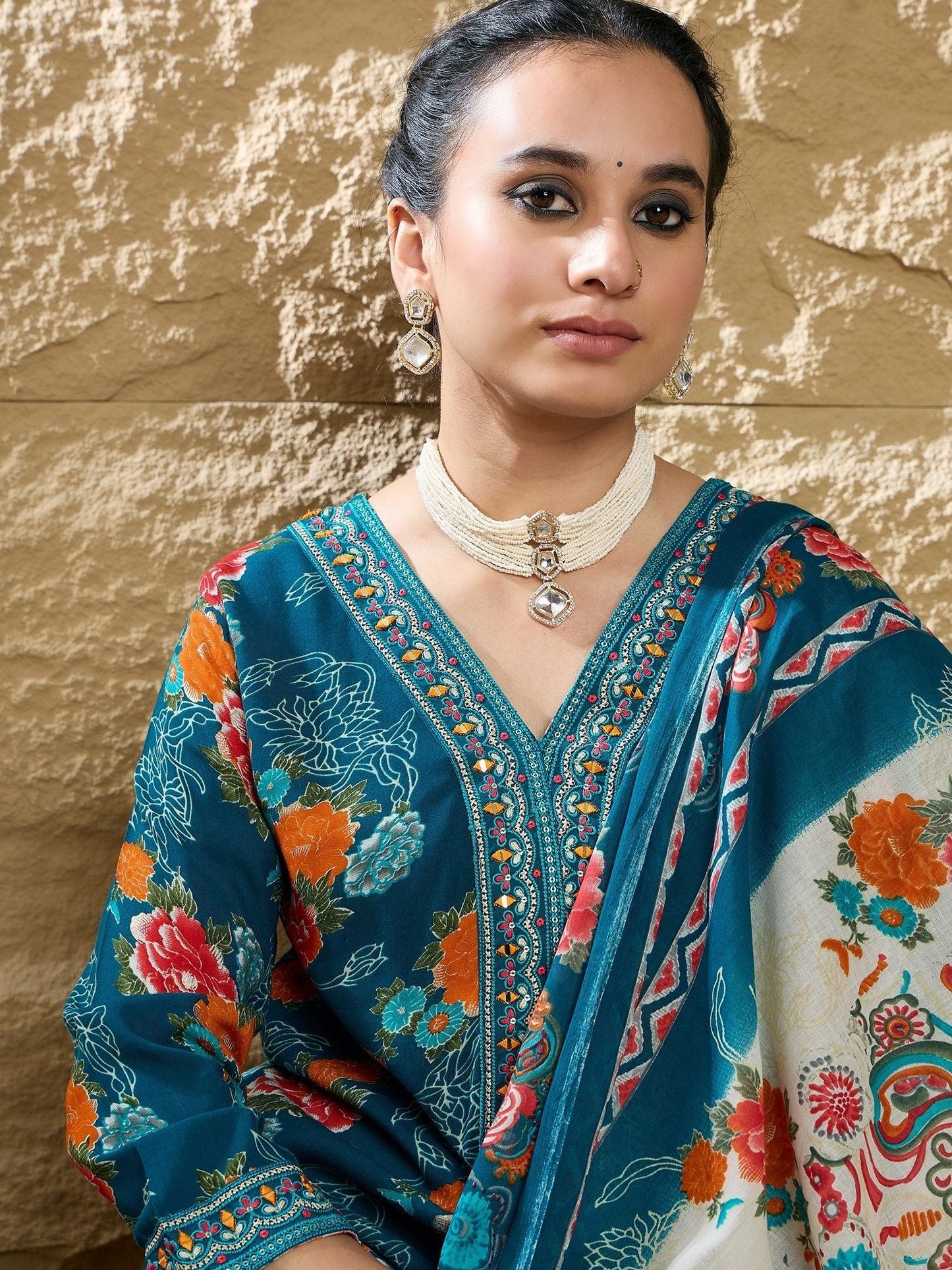 Dhiyona IE Floral Printed Mirror Work V-Neck Straight Kurta With Trousers And Dupatta