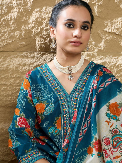 Dhiyona IE Floral Printed Mirror Work V-Neck Straight Kurta With Trousers And Dupatta