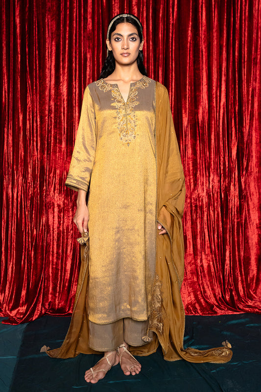 Women's Honey Mustard and Vintage Gold Tissue Kurta Set