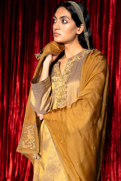 Women's Honey Mustard and Vintage Gold Tissue Kurta Set