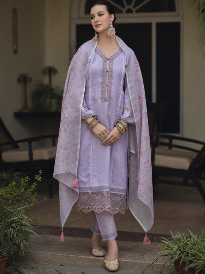 Lavender & Pink Floral Embroidered Thread Work Linen Kurta Set