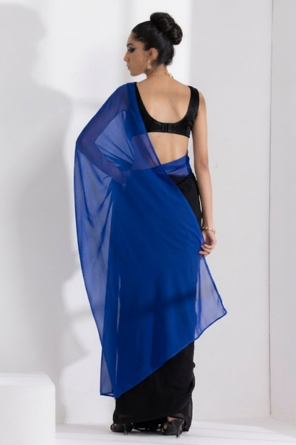 Dhiyona ST Black and Blue Georgette Triangle Saree with Blouse Fabric