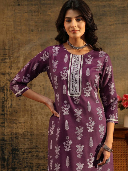 Burgundy Floral Printed Cotton Blend Straight Suit Set