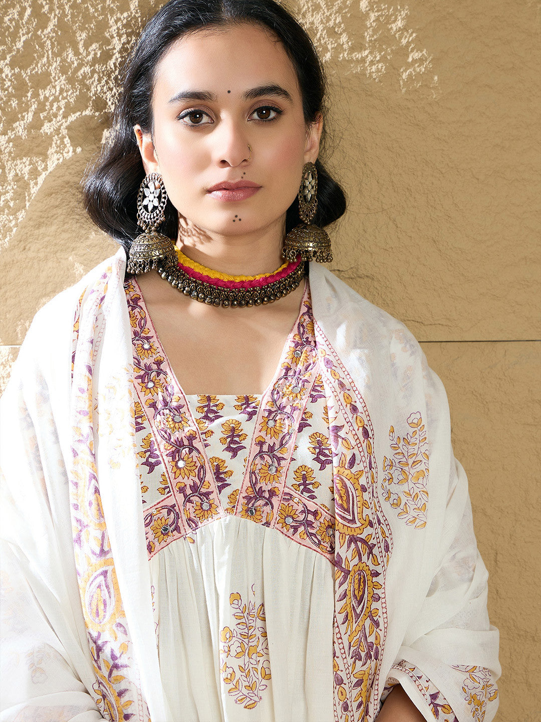 Women Ethnic Motifs Printed Empire Mirror Work Pure Cotton Kurta with Trousers & With Dupatta