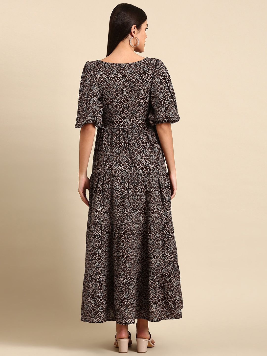 Dhiyona AY Women's Black & Brown Floral Tie-Up Neck Ethnic Cotton Maxi Ethnic Dress