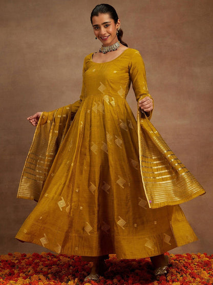 Dhiyona LL Womens Mustard Woven Design Anarkali Kurta With Palazzos & Dupatta