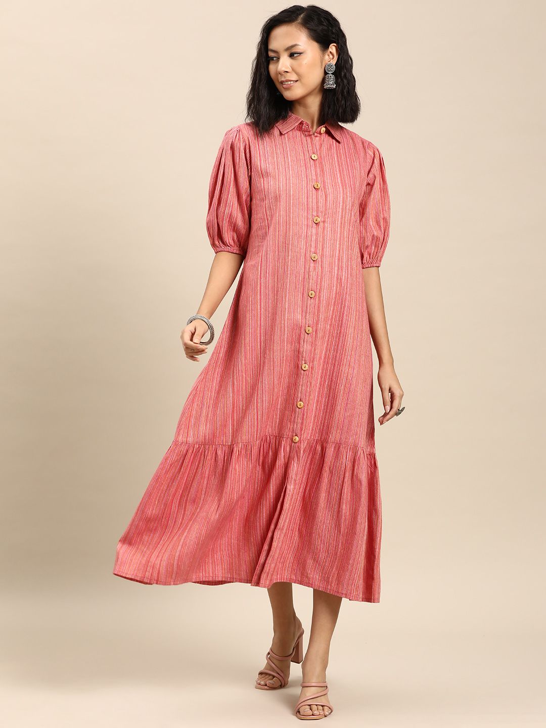 Dhiyona AY Women's Puff Sleeve A-Line Cotton Midi Dress