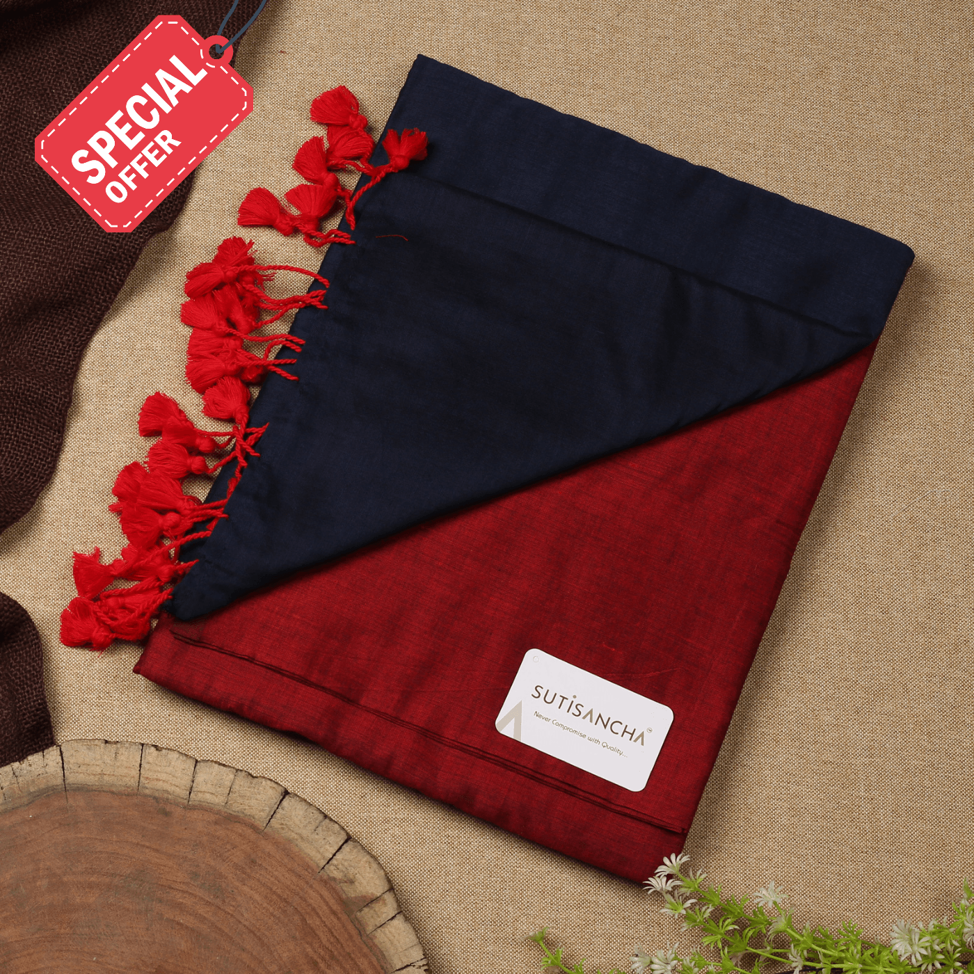 Dhiyona SS Sutisancha Navy Blue & Maroon Handwoven Handloom Cotton Saree