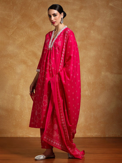 Dhiyona VA Women's Bandhani Printed Regular Kurta with Trousers & With Dupatta