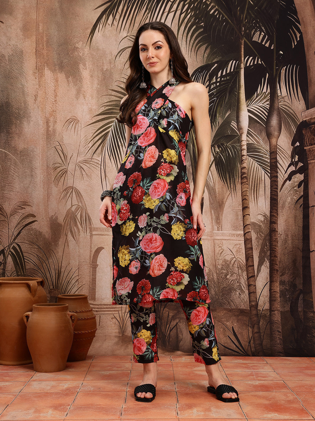 Floral Print A-Line Tie-Up Neck Kurta with Trousers