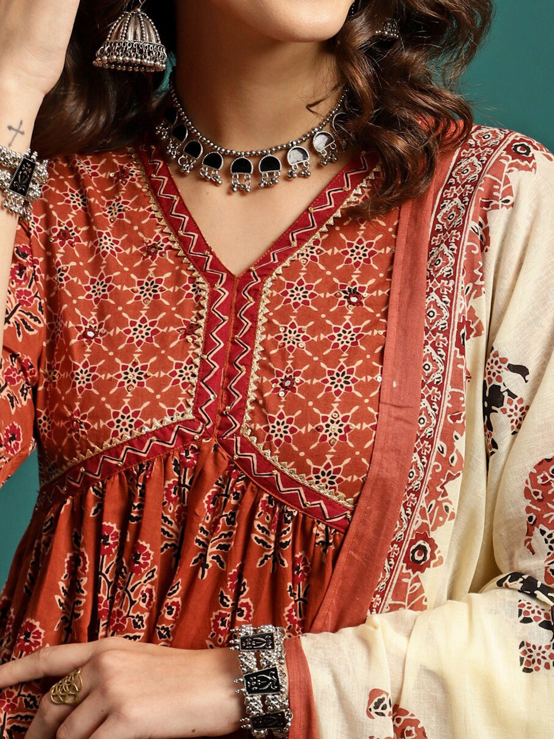 Printed & Embroidered Anarkali Kurta With Trouser & Dupatta Set