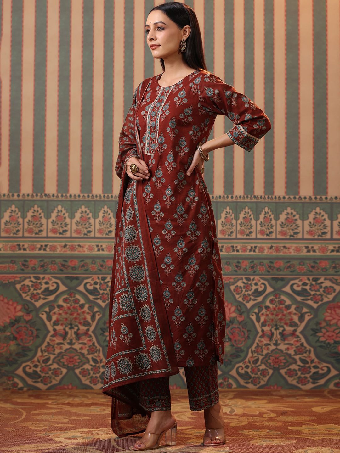 Dhiyona RR Women's Floral Printed Pure Cotton Kurta with Trousers & Dupatta