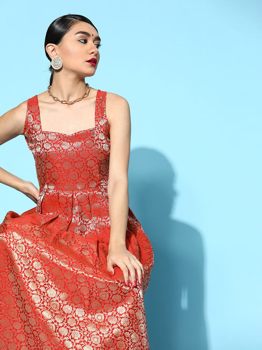 Dhiyona AY Women's Brocade Balconette Neck Long Dress