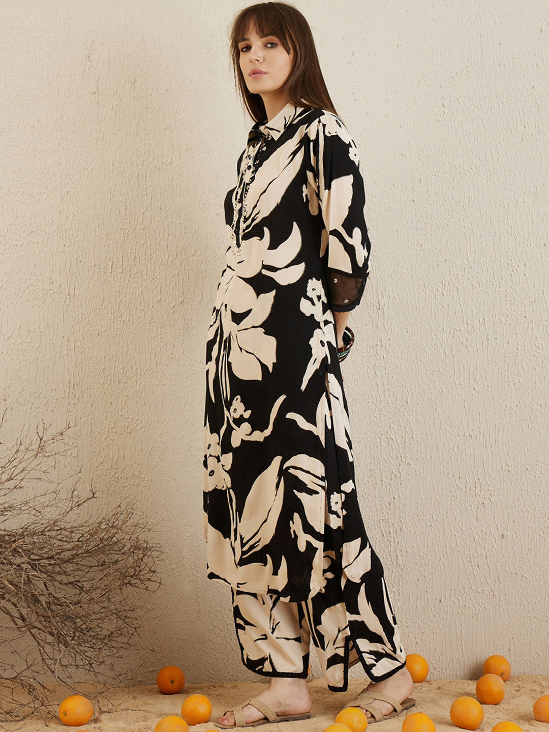 Floral Printed Regular Sequinned Kurta with Trousers