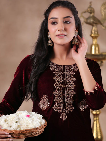 Dhiyona IS Women's Maroon Ethnic Motifs Embroidered Thread Work Velvet Kurta With Trousers