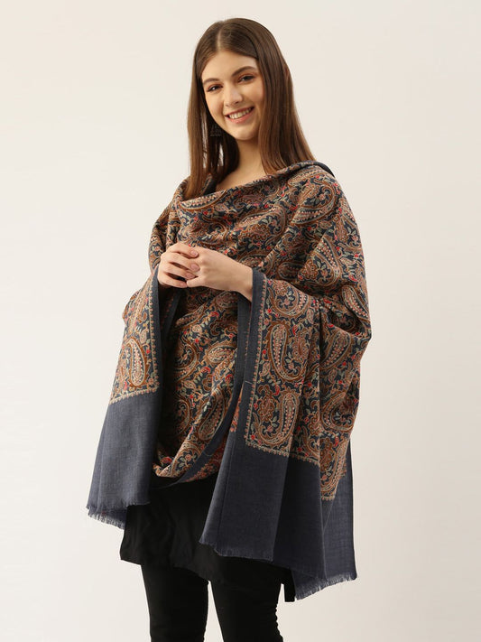 Dhiyona PA Women Navy Blue & Pink Embroidered Woolen Shawl