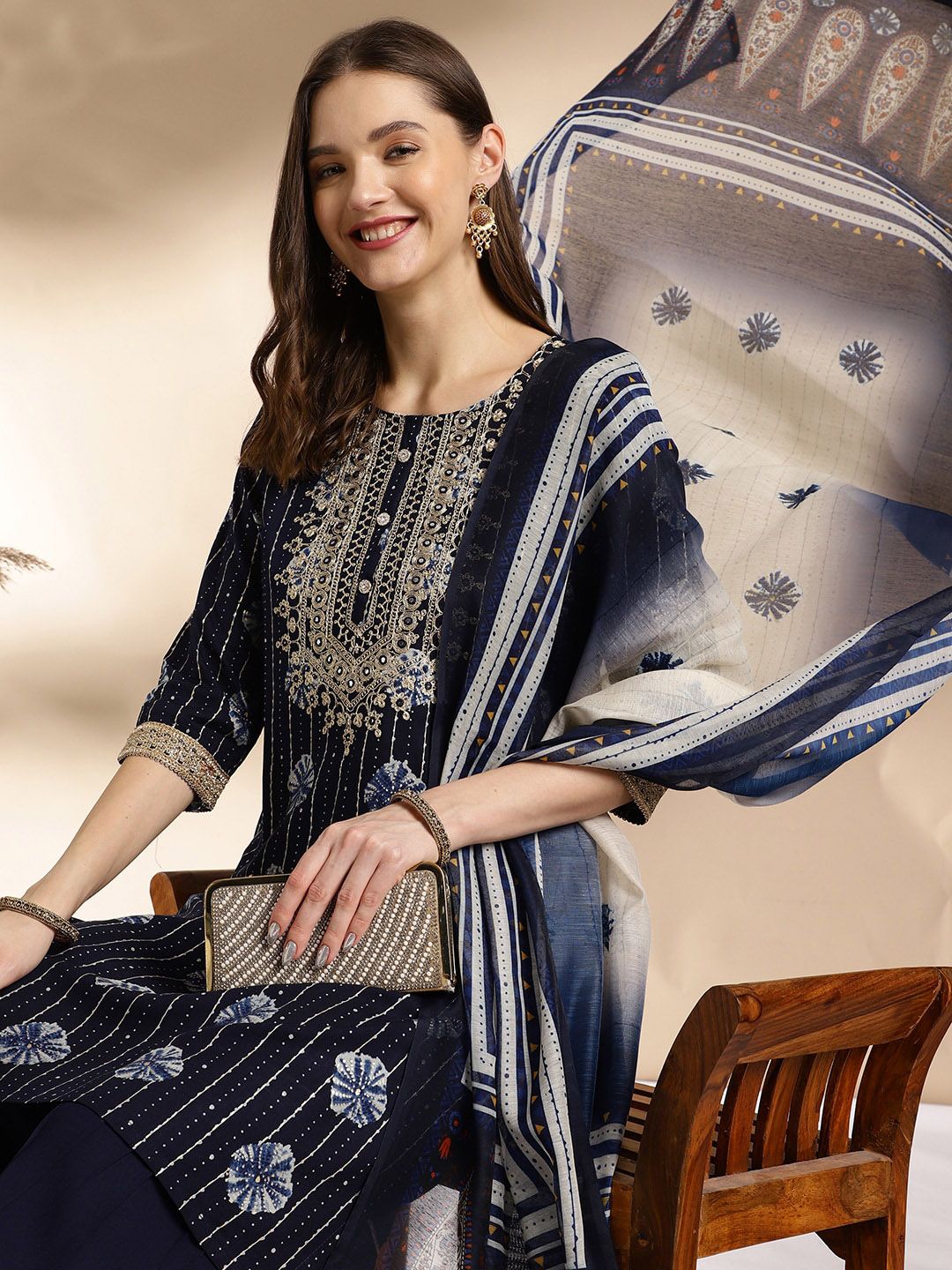 Dhiyona AN Blue Ethnic Motifs Embroidered Round Neck Straight Kurti With Sharara & Dupatta