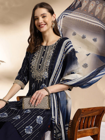 Dhiyona AN Blue Ethnic Motifs Embroidered Round Neck Straight Kurti With Sharara & Dupatta