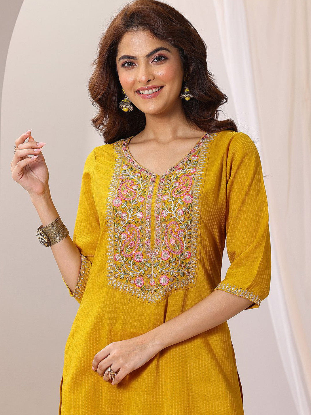 Women Floral Yoke Design Regular Sequinned Kurta with Trousers & With Dupatta