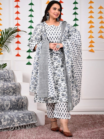 Dhiyona KL Plus Size Floral Printed Pure Cotton Kurta With Trousers & Dupatta