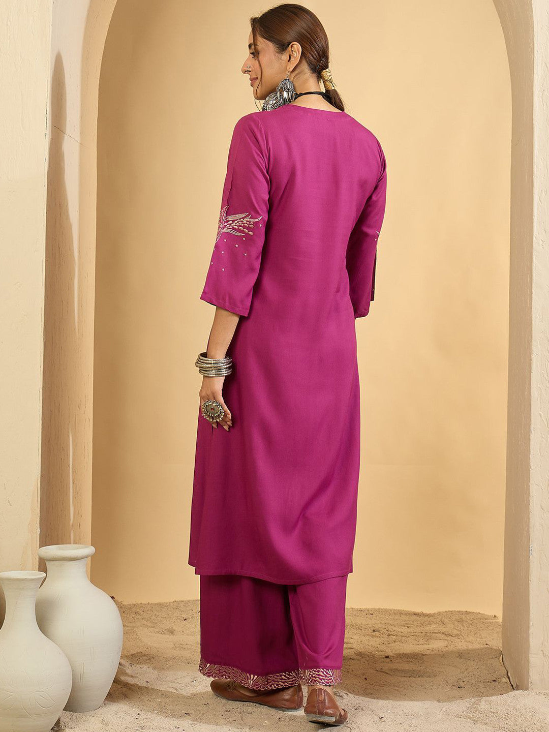 Women Embroidered Regular Thread Work Kurta with Trousers