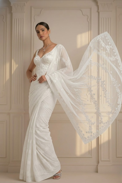 Dhiyona ST White Stripe Lace Saree with Sequin and Blouse Fabric
