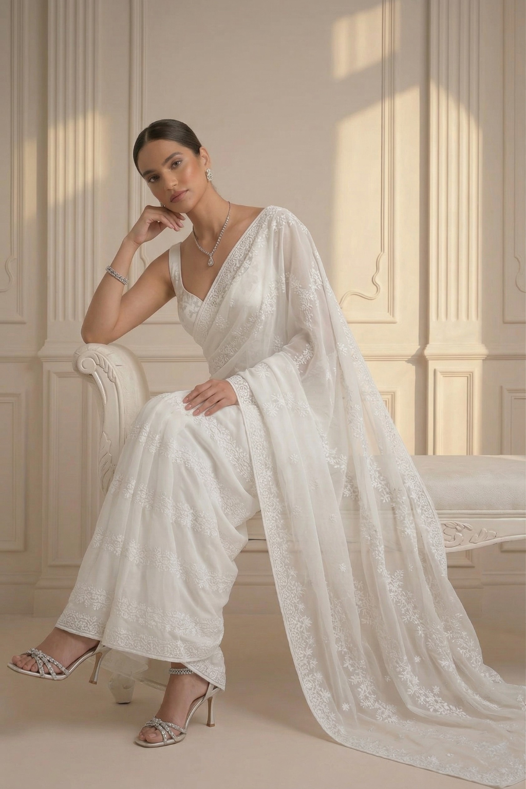 Dhiyona ST White Stripe Lace Saree with Sequin and Blouse Fabric