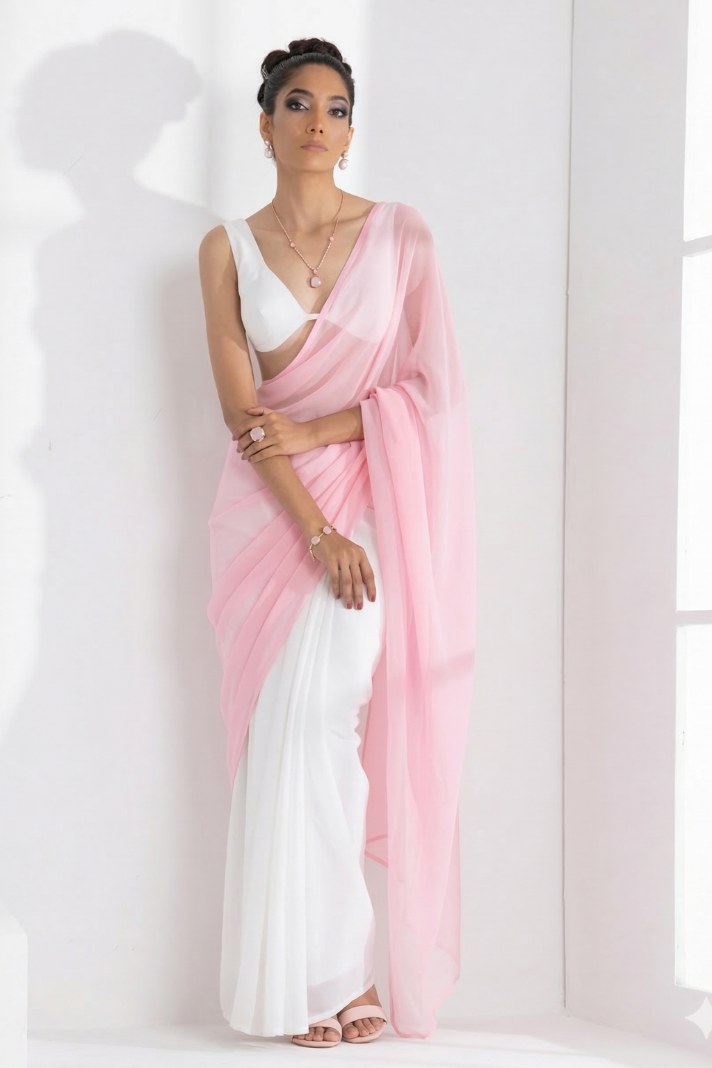 Dhiyona ST White with Pink Chiffon Saree and Blouse Fabric